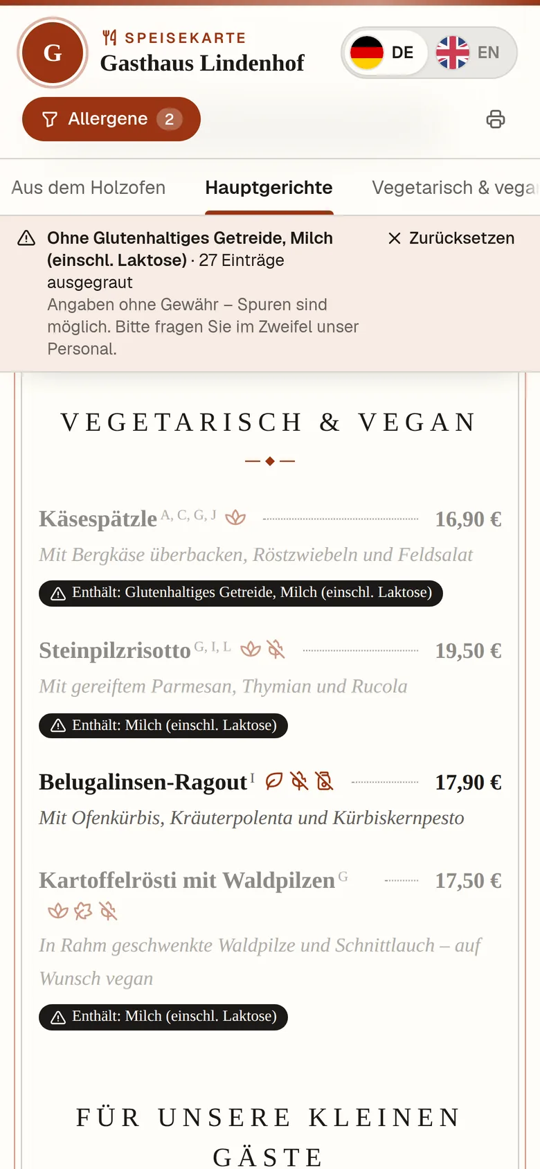 Die Karte auf dem Smartphone: Gerichte mit gewählten Allergenen werden ausgegraut