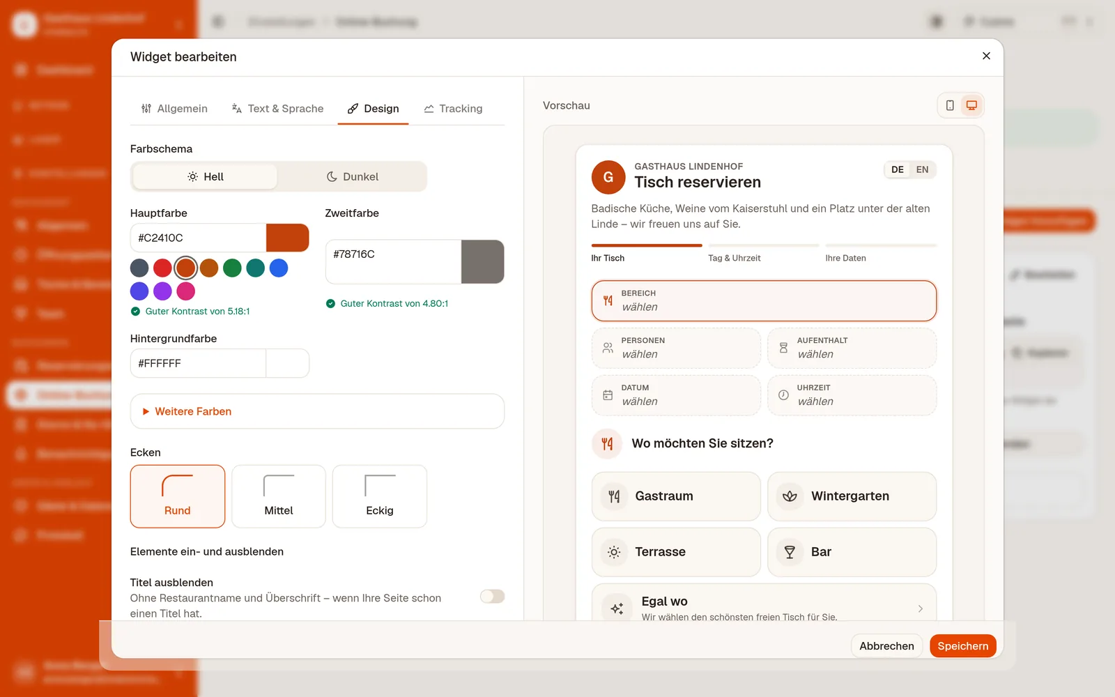 Das Widget gestalten: Farben, Schema und Ecken – mit Live-Vorschau