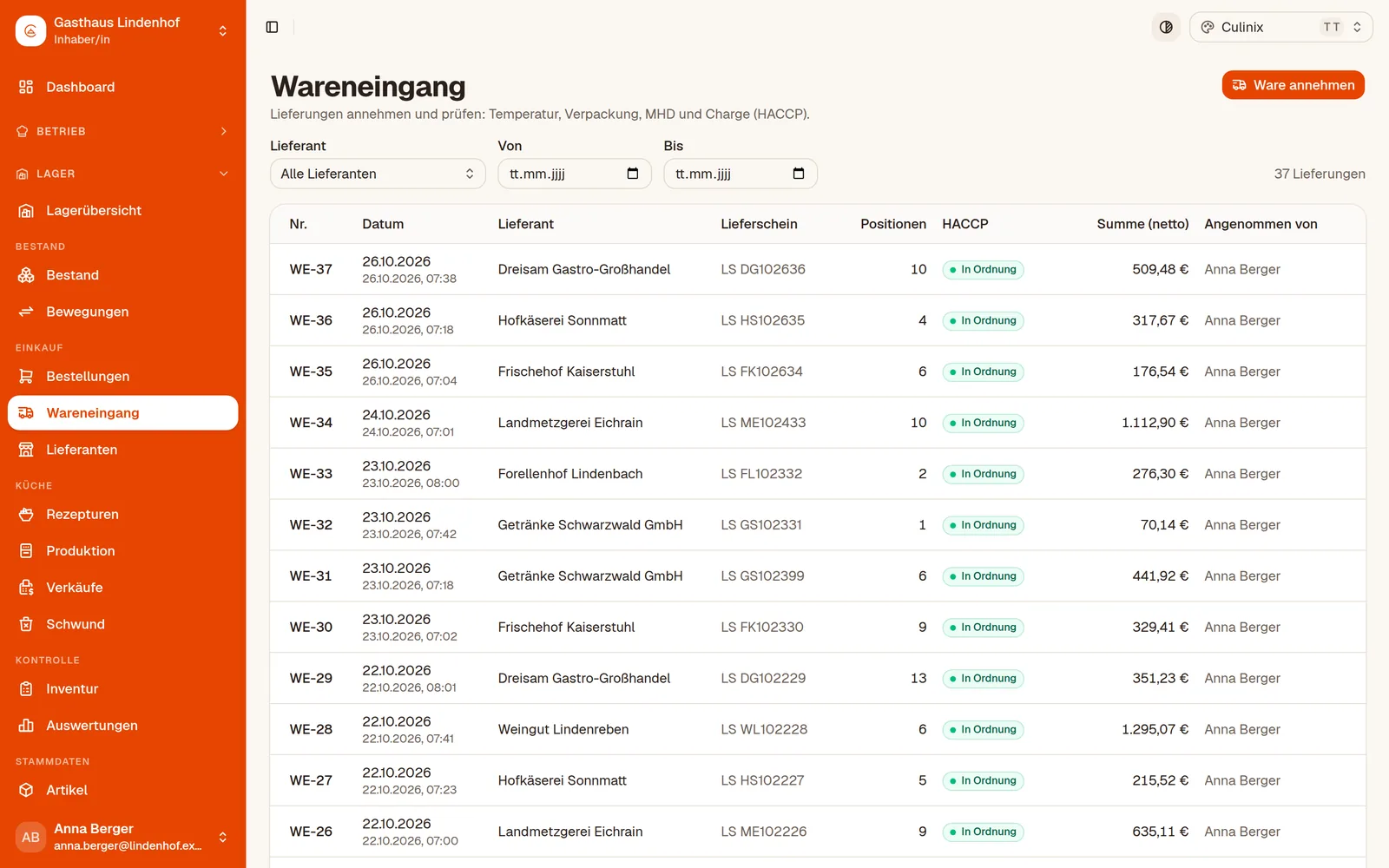 Alle Wareneingänge mit Lieferant, Lieferschein und HACCP-Status