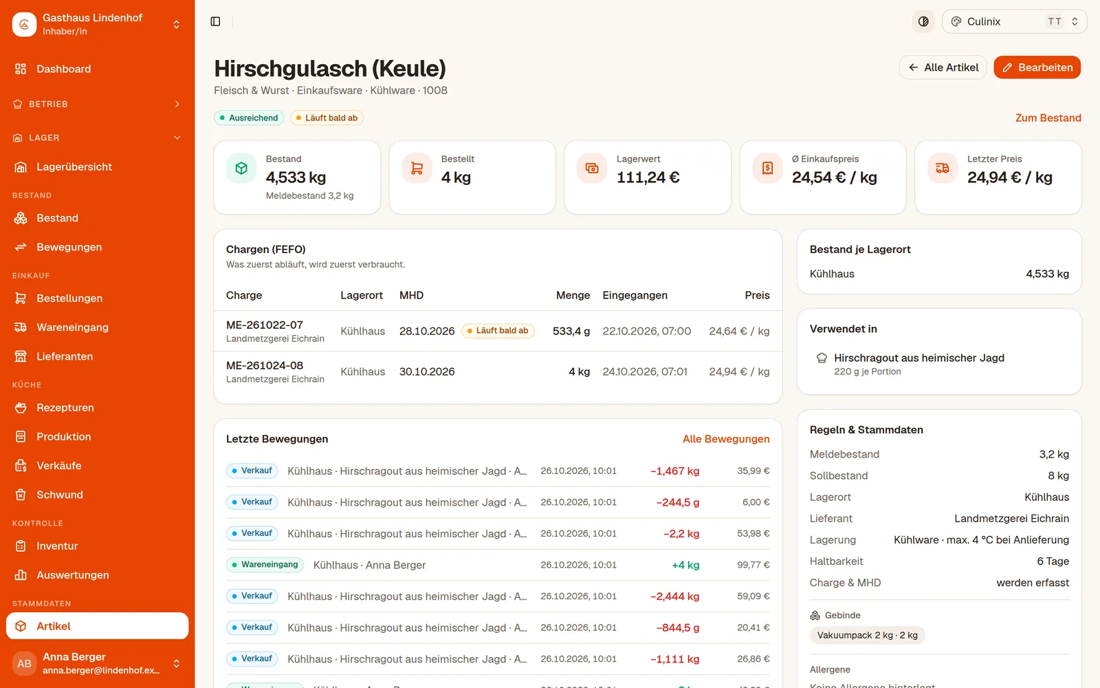 Ein Artikel mit seinen Chargen, MHD und den letzten Bewegungen