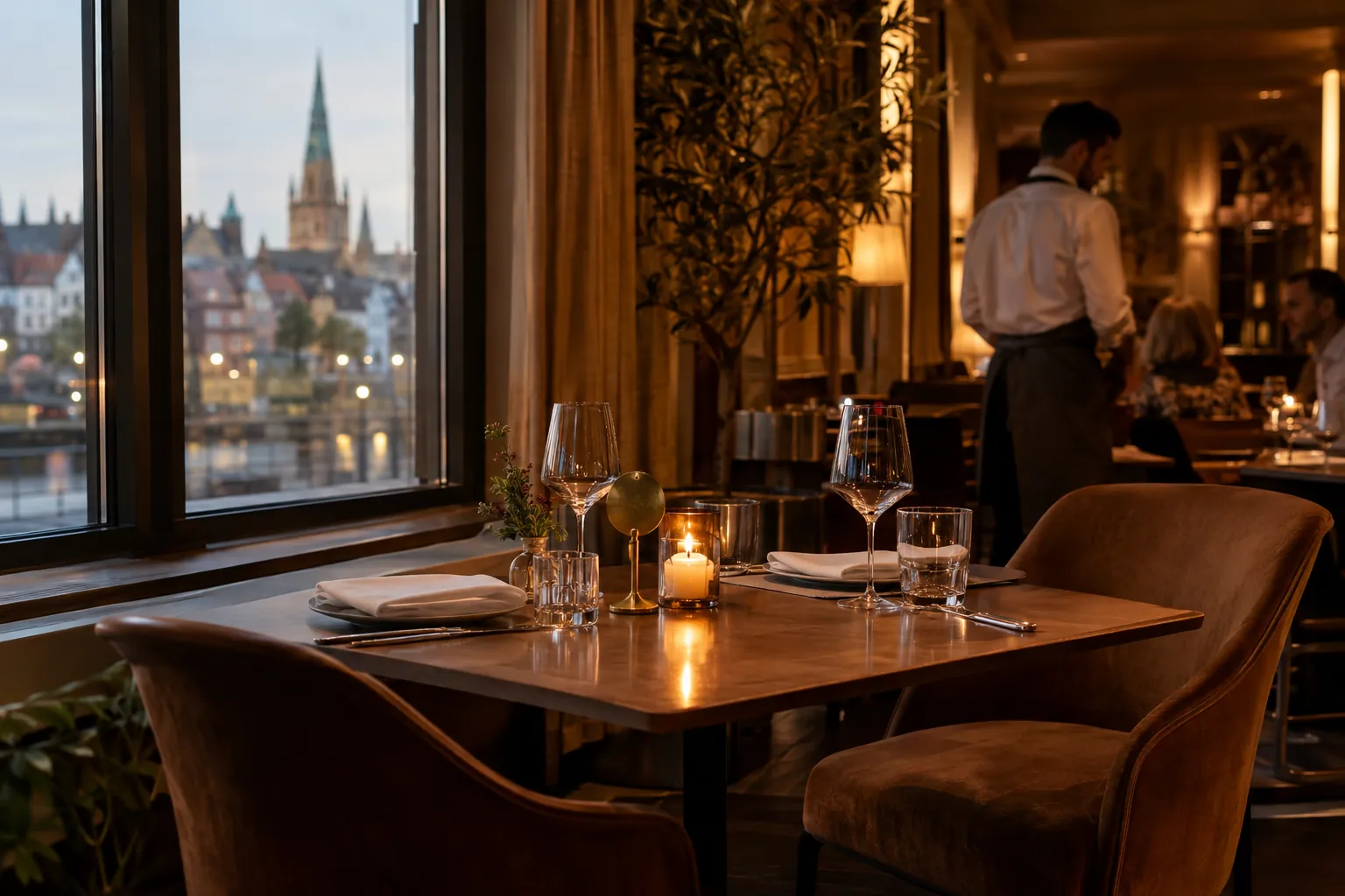 Gedeckter Tisch für zwei am Fenster eines Restaurants