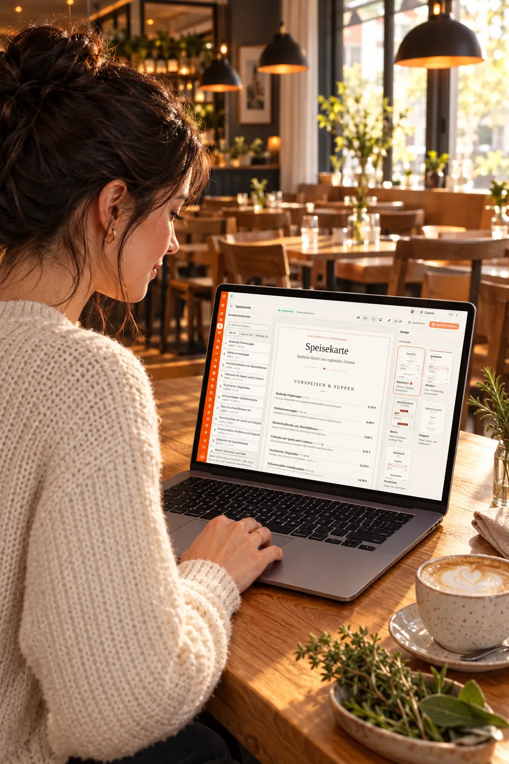 Die Inhaberin gestaltet die Speisekarte am Laptop