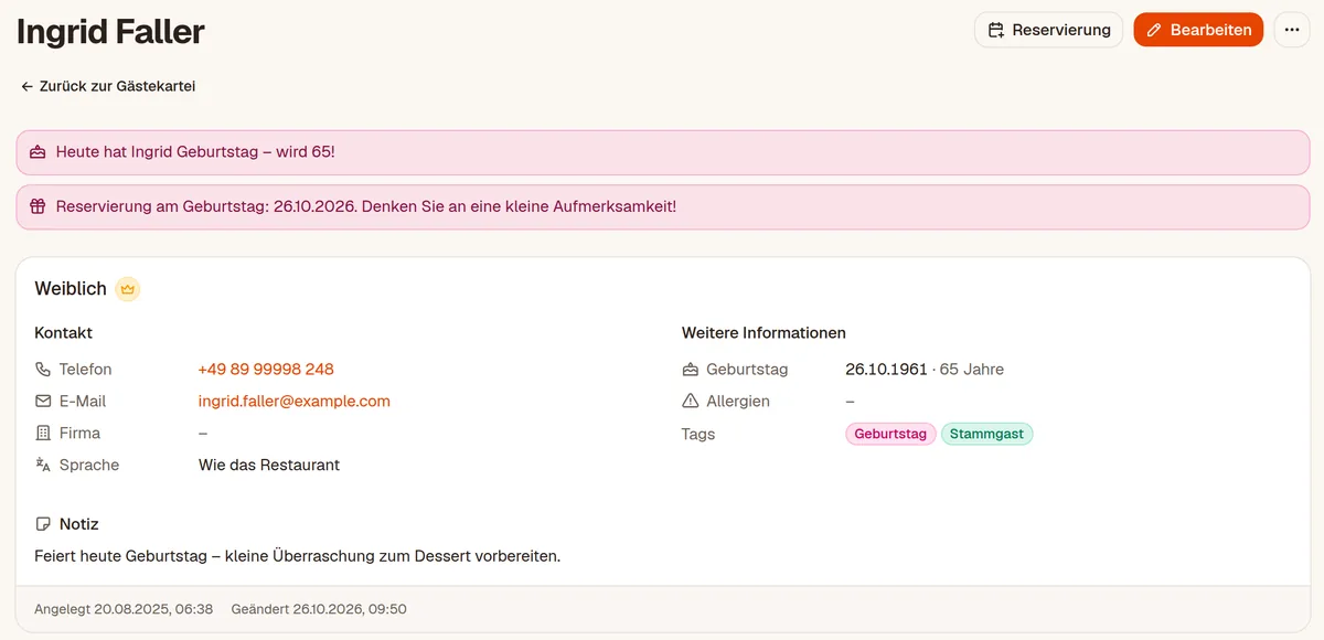 Ein Gästeprofil in Culinix