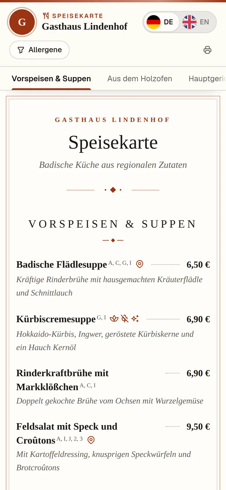 Die digitale Speisekarte auf dem Smartphone