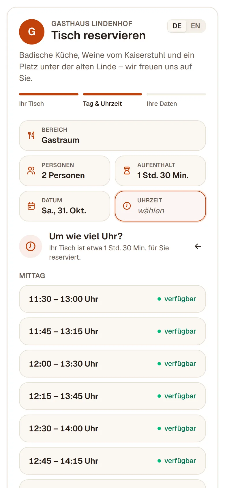Das Buchungs-Widget von Culinix auf dem Smartphone
